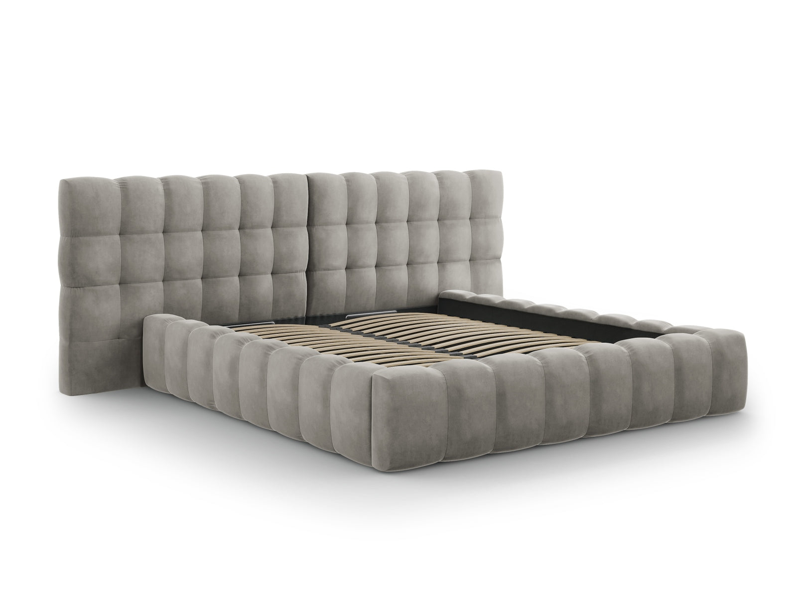 Elegantes Bali Bett mit praktischem Stauraum und doppeltem Kopfteil in sanftem Light Grey-Bluvel, ideal für stilvolle Schlafzimmer.
