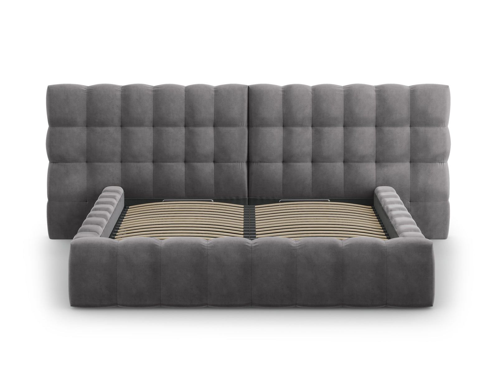 Elegantes Bali Bett mit doppeltem Kopfteil und praktischem Stauraum in Grey-Bluvel, ideal für moderne Schlafzimmerlösungen.