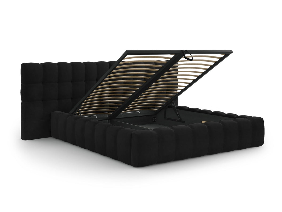 Bali Bett mit gestepptem Kopfteil im Bluvel-Stoff und schwarzen Kunststoffbeinen