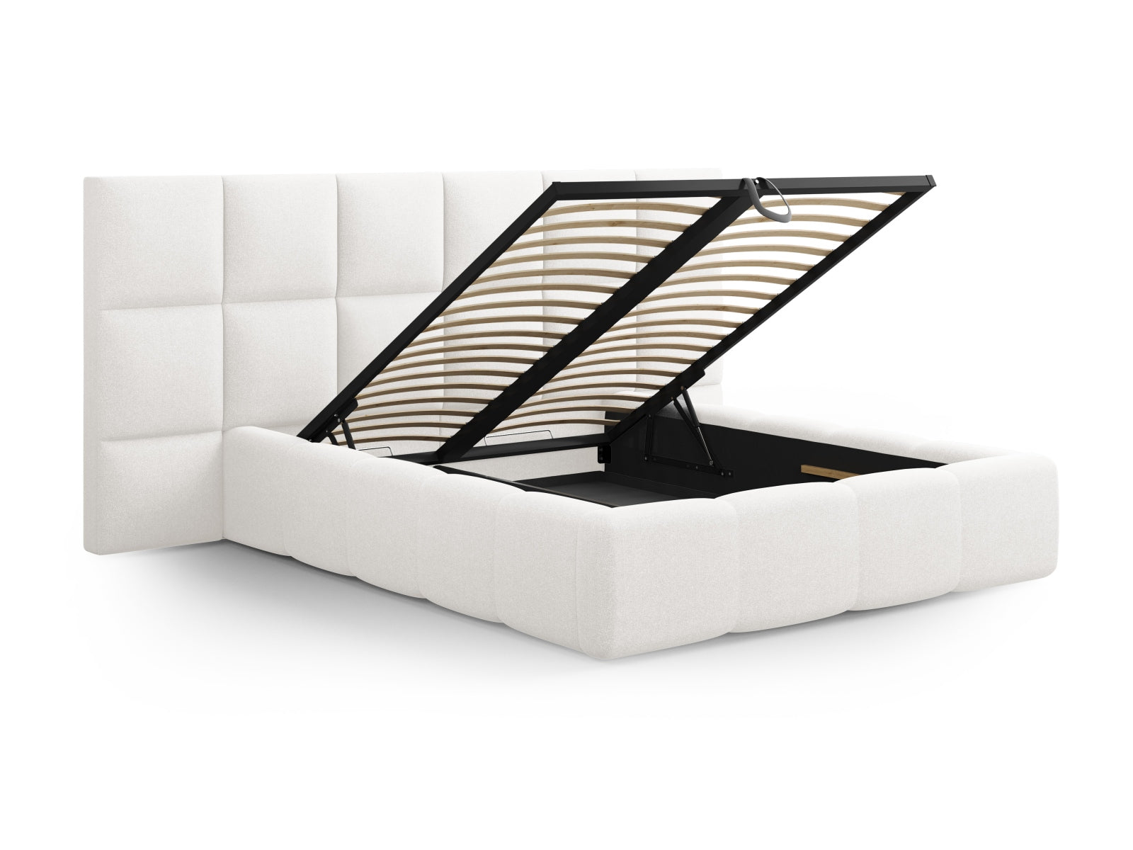 Elegantes Livigno Bett in Ivory mit praktischem Stauraum und doppeltem Kopfteil, ideal für stilvolle Schlafzimmerlösungen.