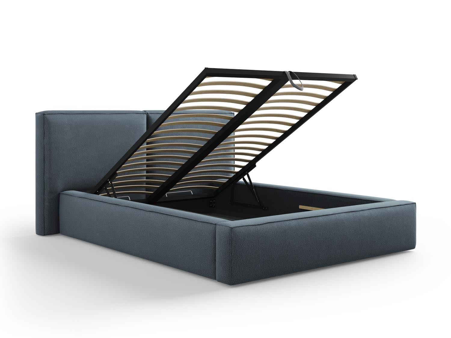 Modernes Arendal Bett mit doppeltem Kopfteil und cleverem Stauraum, in ansprechendem Blau, perfekt für stilvolle Schlafzimmer.