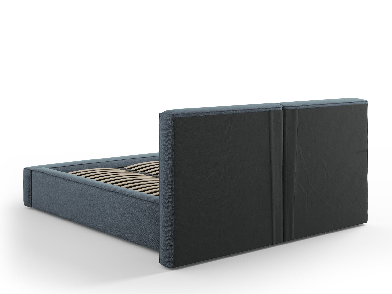 Elegantes Arendal Bett mit praktischem Stauraum und doppeltem Kopfteil in stilvollem Blau, ideal für moderne Schlafzimmer.