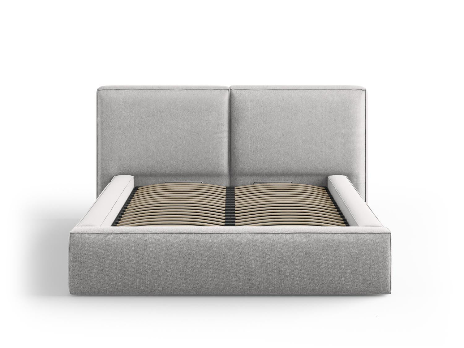 Elegantes Arendal Bett in Light Grey mit praktischem Stauraum und doppeltem Kopfteil, ideal für stilvolle Schlafzimmer.