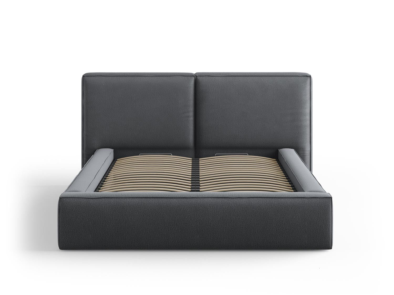 Elegantes Arendal Bett in Dunkelgrau mit praktischem Stauraum und doppeltem Kopfteil, ideal für stilvolle Schlafzimmer.