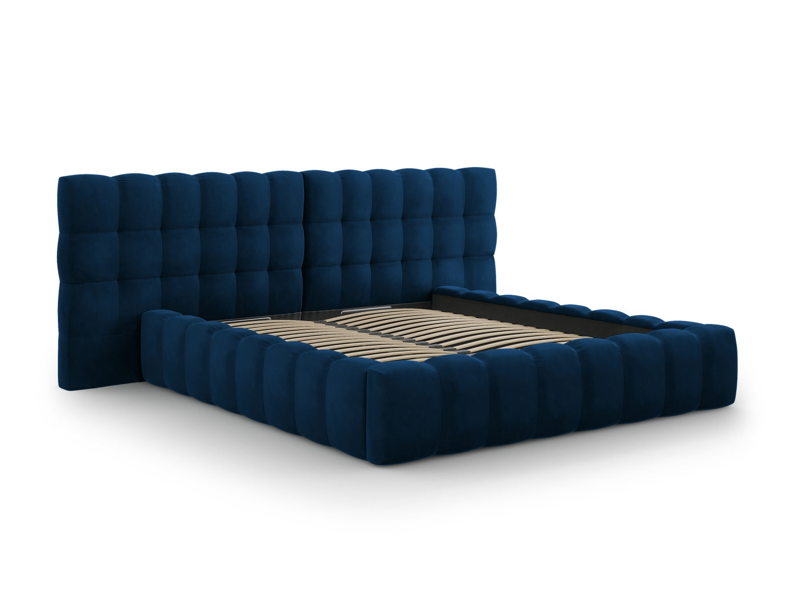 Elegantes Bali Bett mit praktischem Stauraum und doppeltem Kopfteil in Royal Blue-Bluvel, ideal für stilvolle Schlafzimmer.