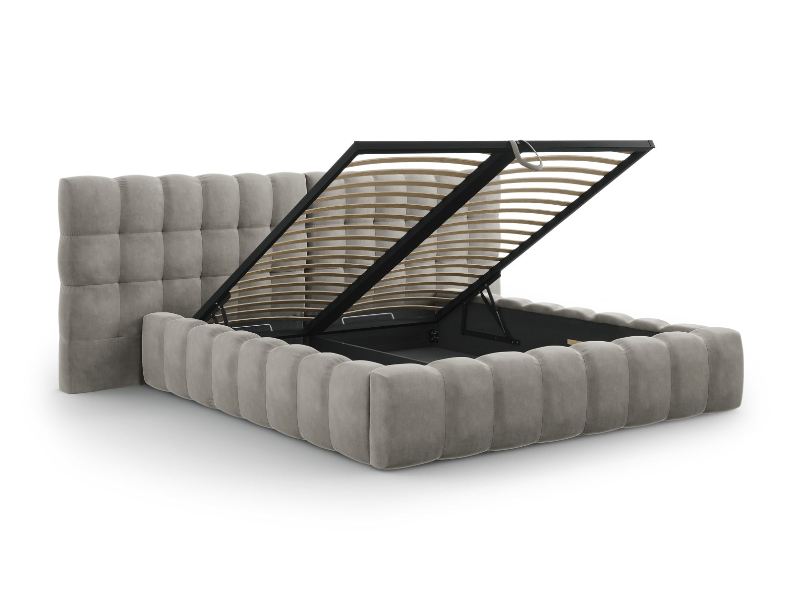 Modernes Bali Bett mit doppeltem Kopfteil und integriertem Stauraum in sanftem Light Grey-Bluvel, perfekt für ein elegantes Schlafzimmer.