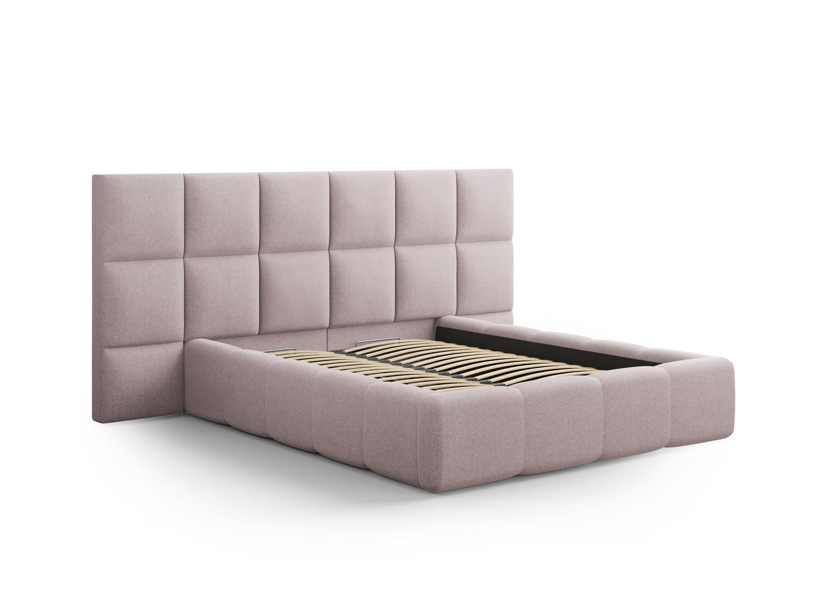 Elegantes Livigno Bett mit praktischem Stauraum und doppeltem Kopfteil in stilvollem Pink, ideal für moderne Schlafzimmer.