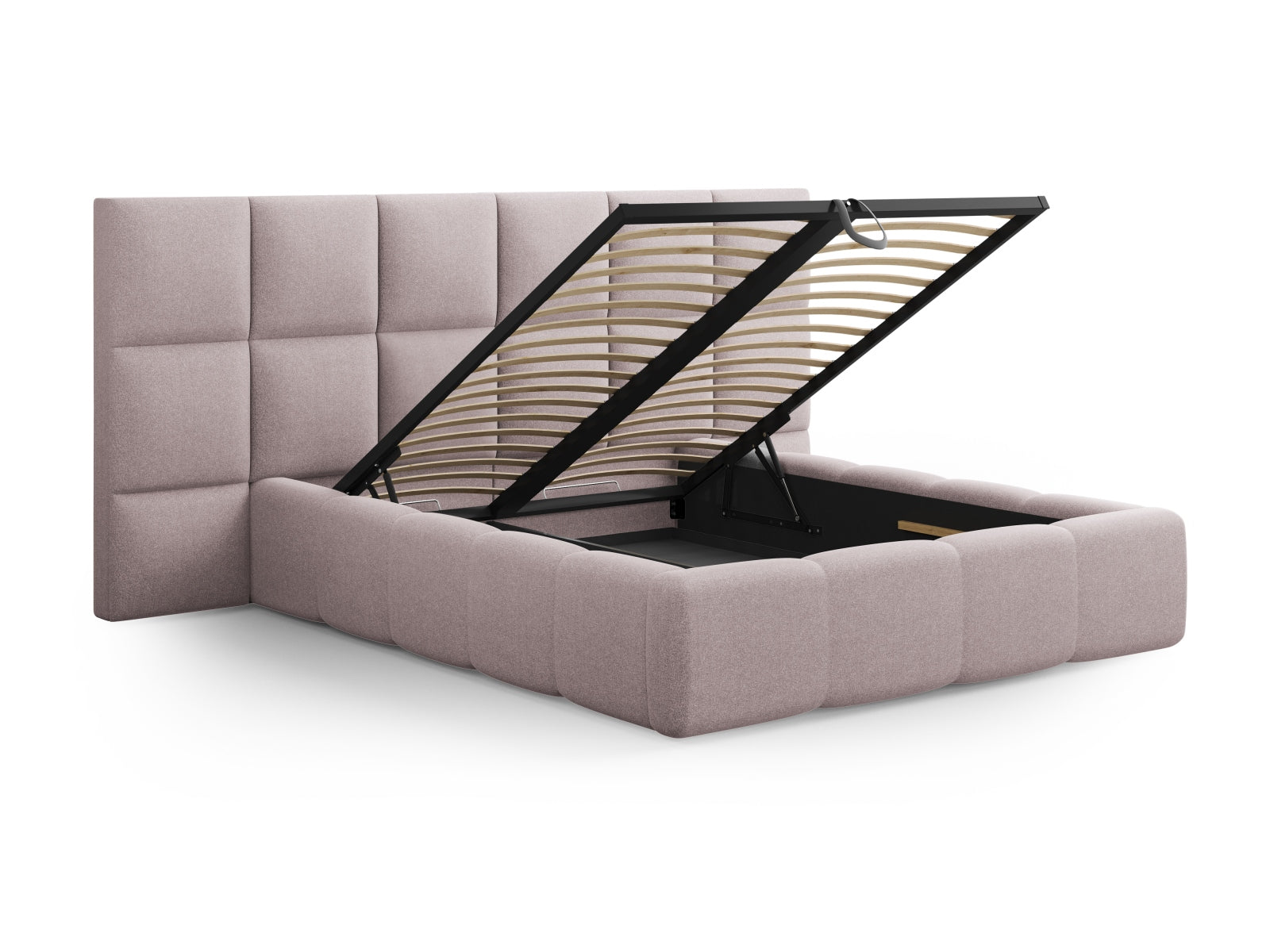 Stylisches Livigno Bett mit doppeltem Kopfteil und integriertem Stauraum in ansprechendem Pink, perfekt für zeitgemäße Wohnräume.