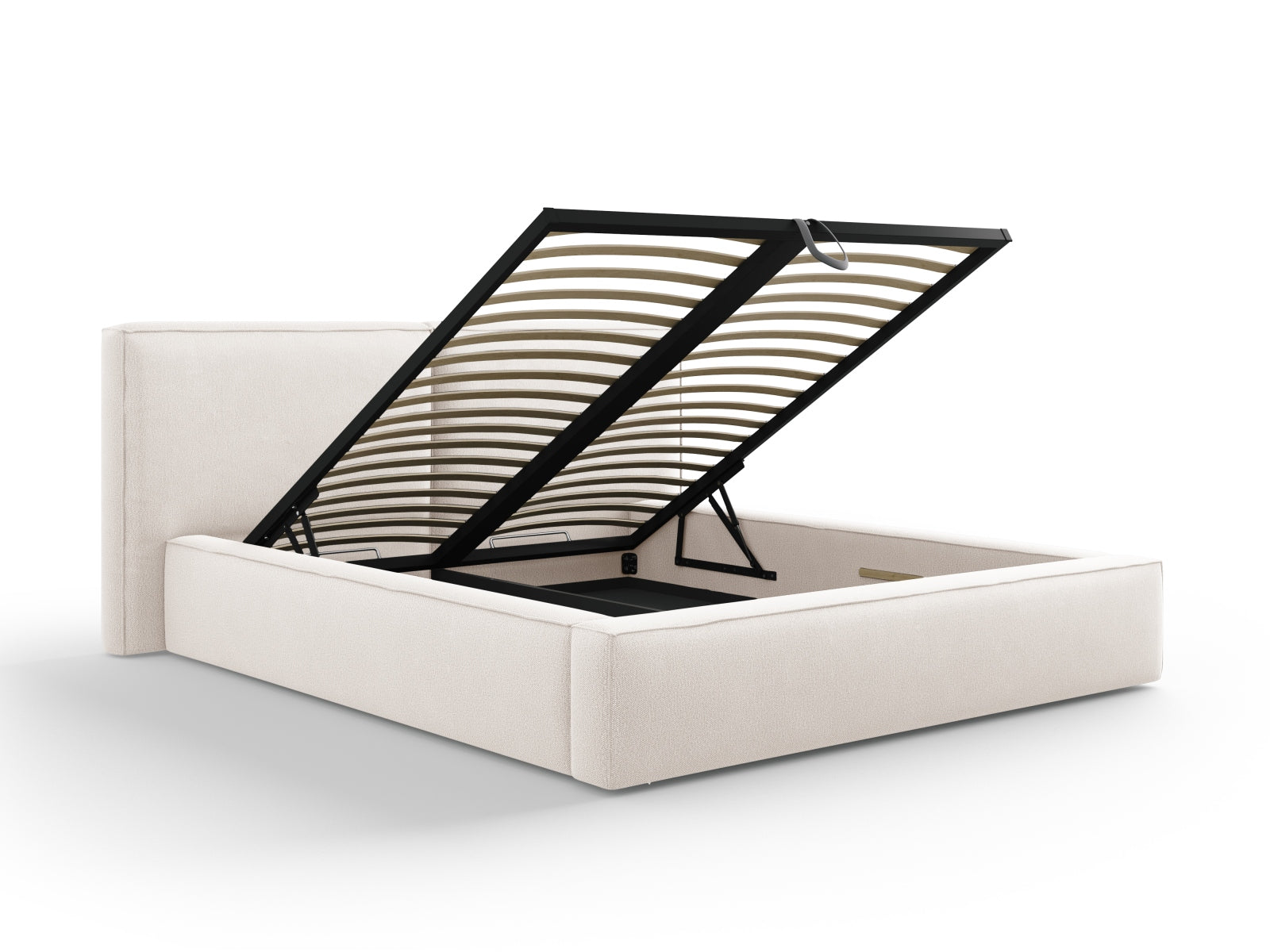 Modernes Arendal Bett in sanftem Beige, ausgestattet mit doppeltem Kopfteil und cleverem Stauraum, perfekt für jedes Schlafzimmer.