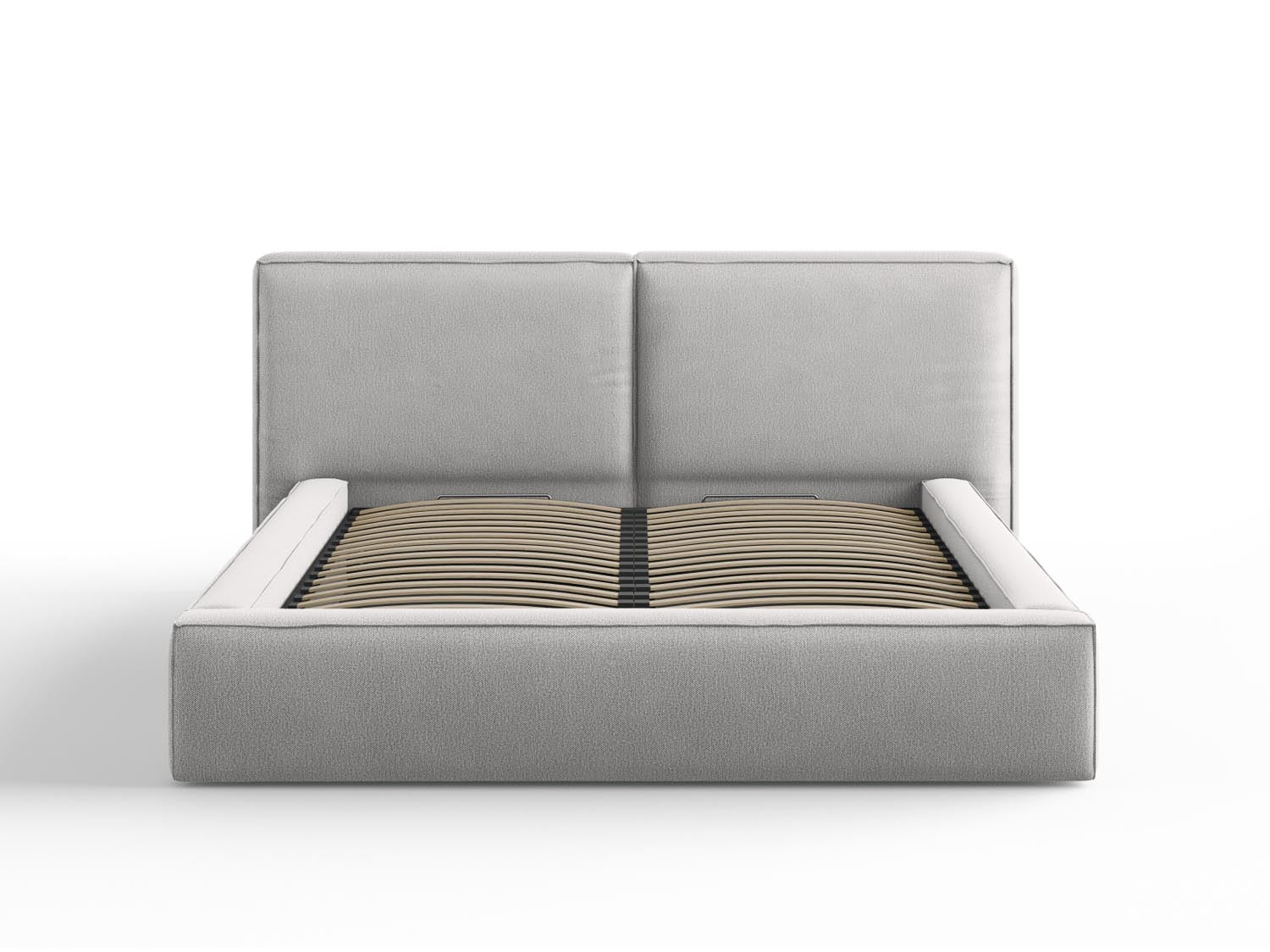 Elegantes Arendal Bett in Light Grey mit praktischem Stauraum und doppeltem Headboard, ideal für stilvolle Schlafzimmer.