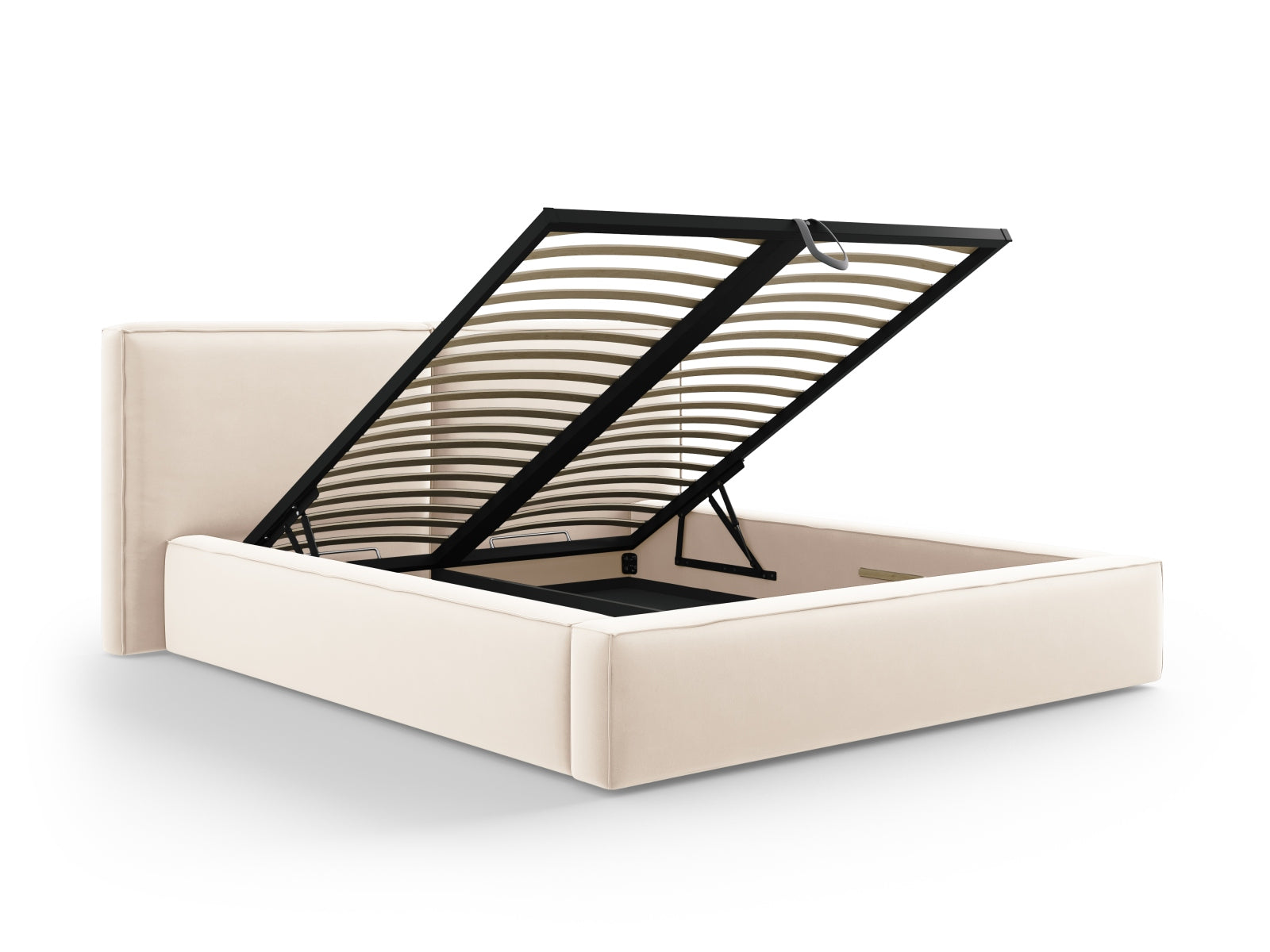 Stilvolles Arendal Velour Bett in zartem Beige, ausgestattet mit praktischem Stauraum und einem komfortablen doppelten Kopfteil.