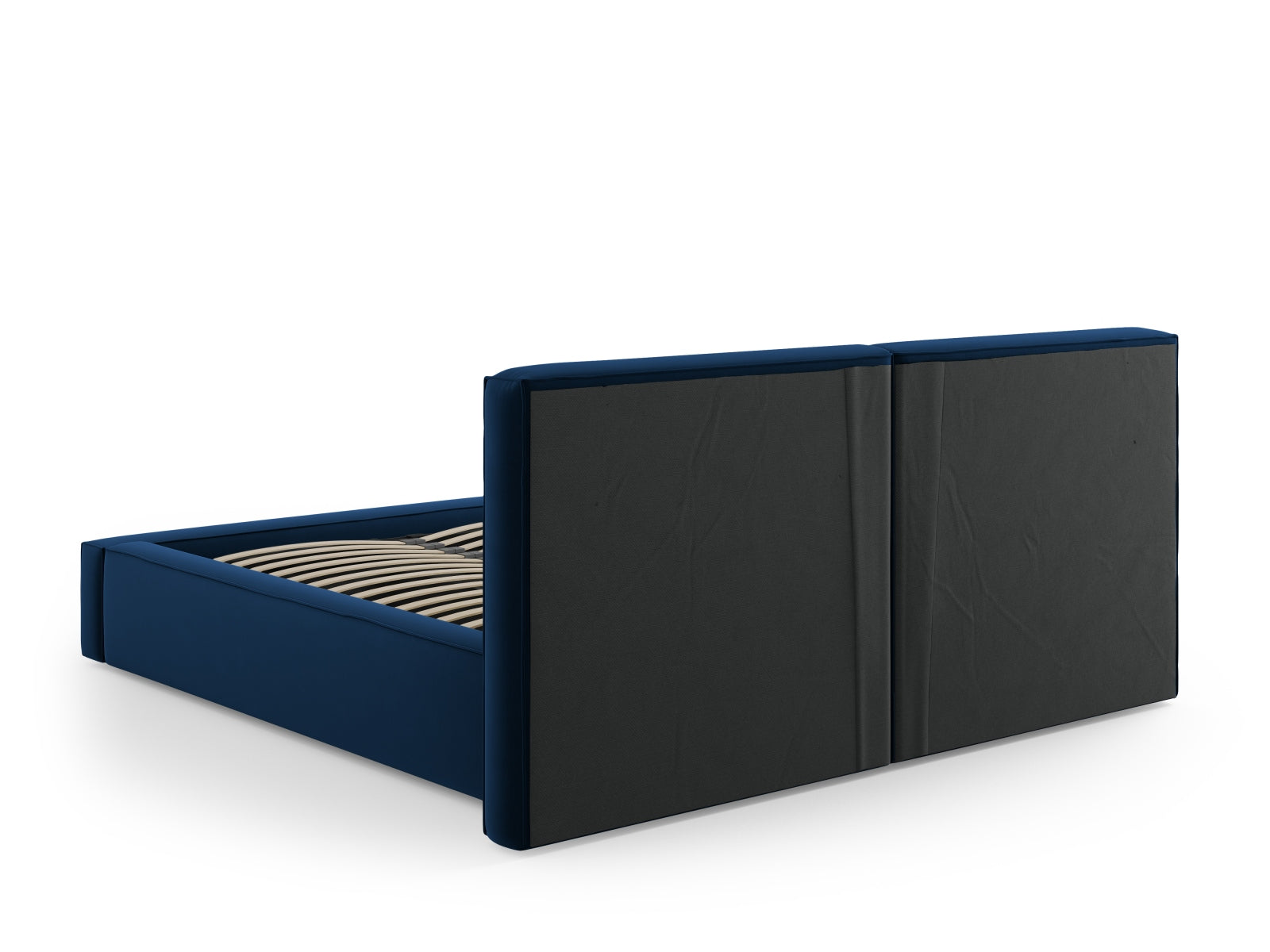 Elegantes Arendal Velour Bett in edlem Blau, bietet großzügigen Stauraum und ein einzigartiges, doppeltes Kopfteil für zusätzlichen Komfort.
