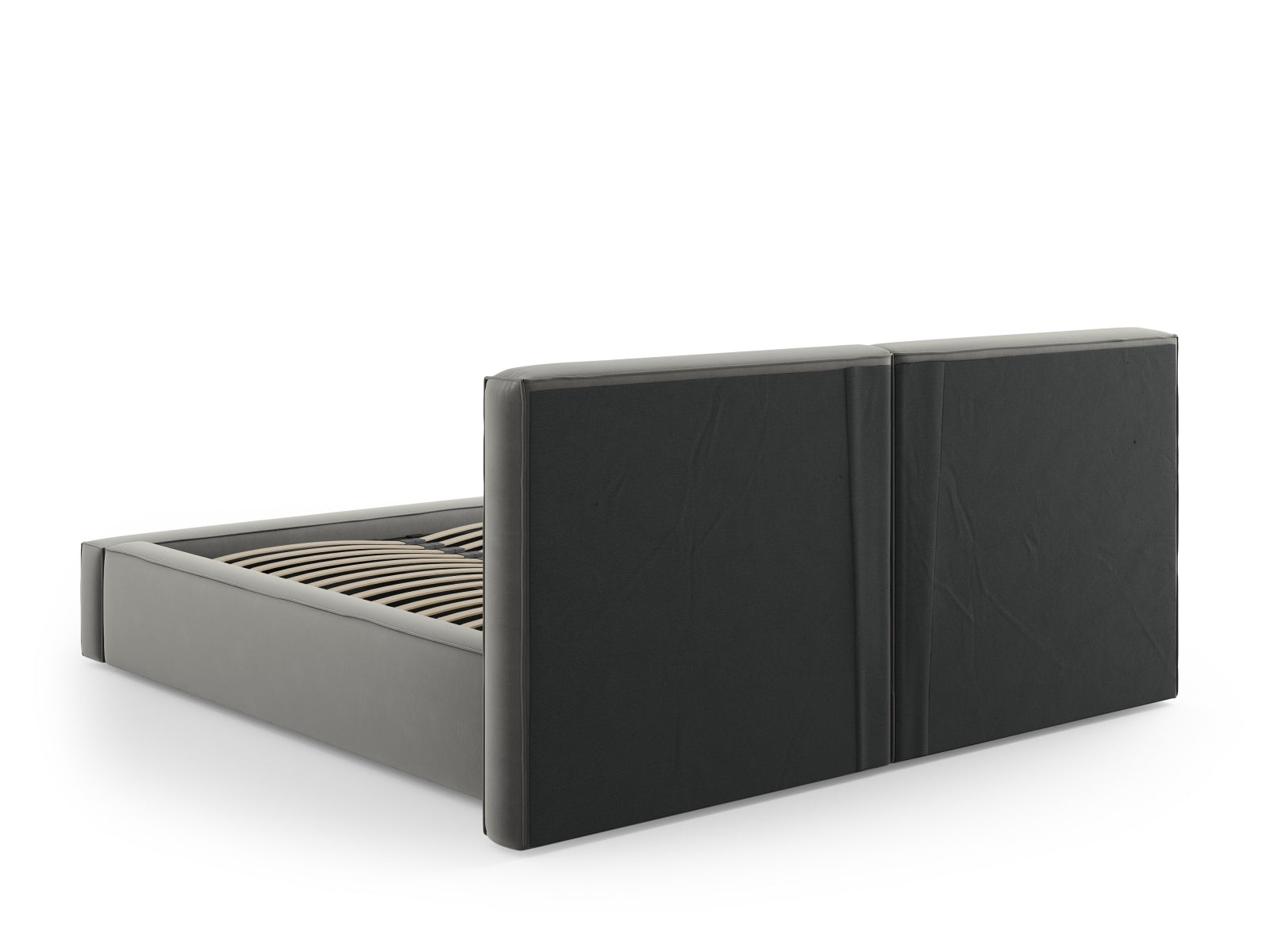 Elegantes Arendal Velour Bett in sanftem Grau, bietet großzügigen Stauraum und ein luxuriöses, doppeltes Kopfteil für optimalen Komfort.