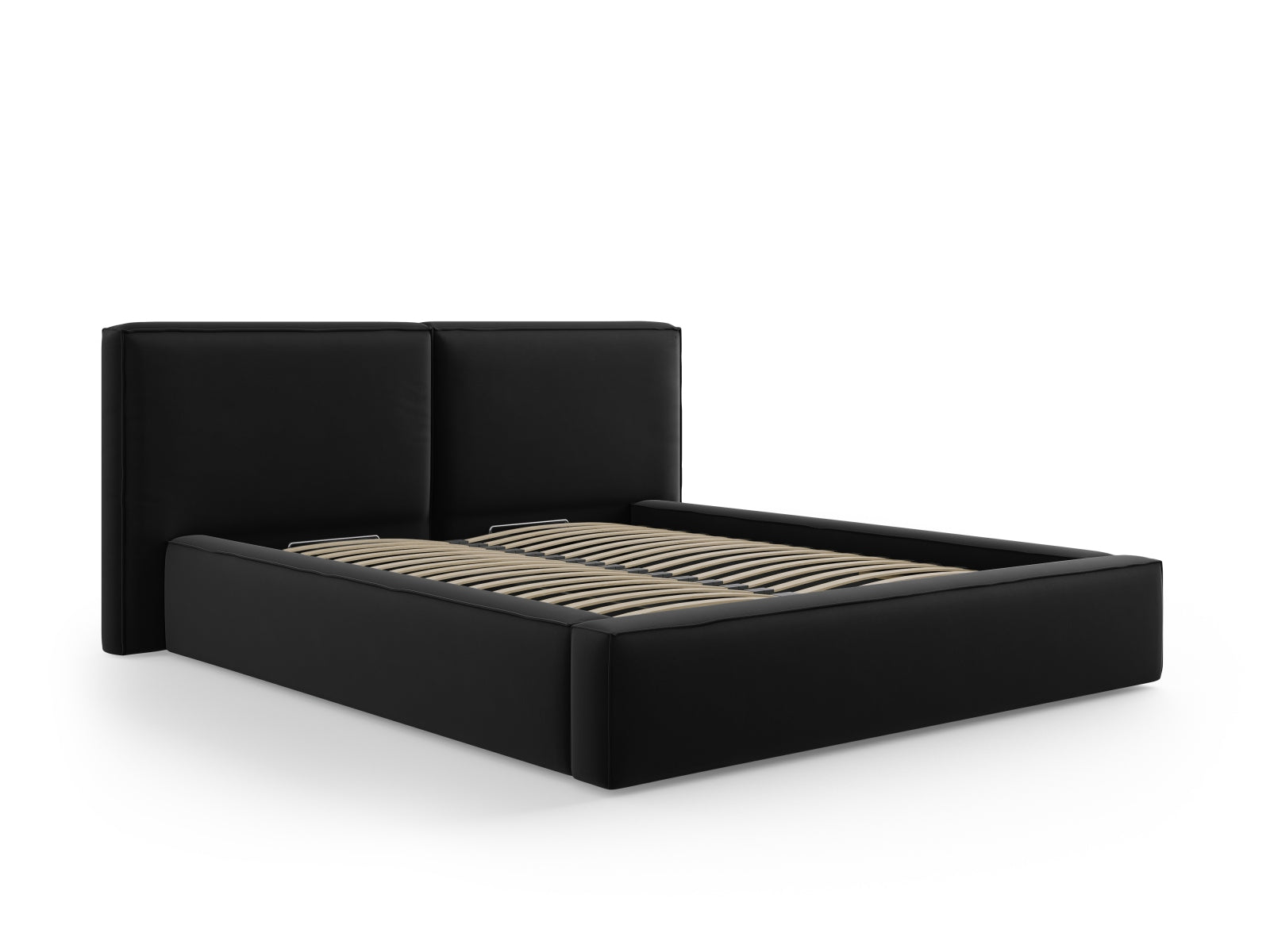 Schwarzes Arendal Velour Bett mit doppeltem Kopfteil und integriertem Stauraum, perfekt für moderne Schlafzimmergestaltung.