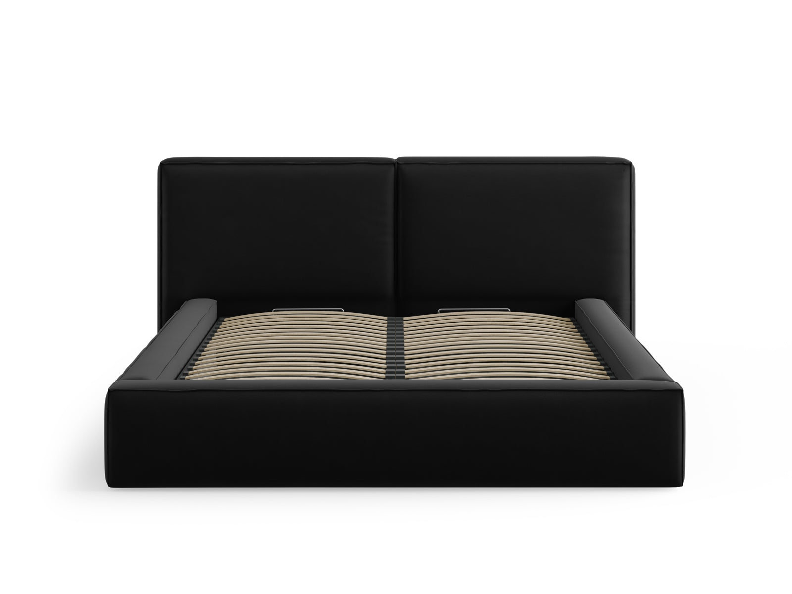 Elegantes Arendal Velour Bett in Schwarz mit doppeltem Kopfteil und praktischem Stauraum, ideal für stilvolle Schlafzimmer.