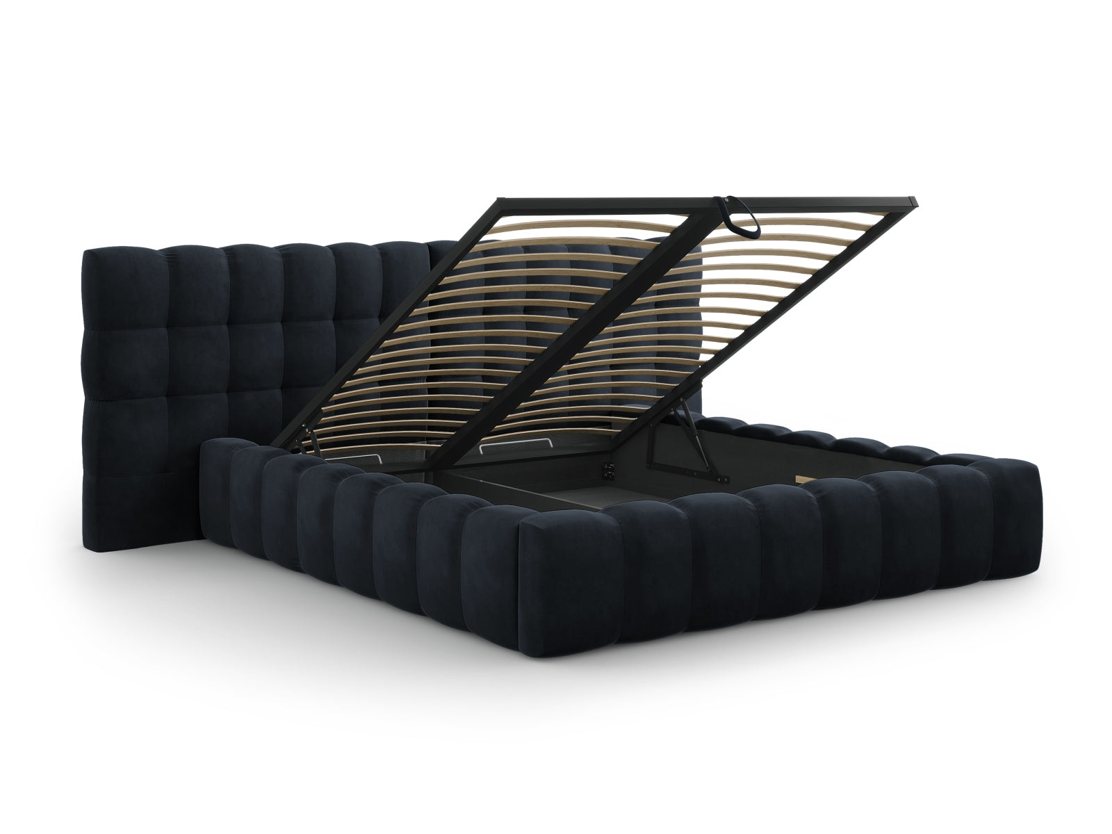 Stilvolles Bali Bett in tiefem Blau, ausgestattet mit einem doppelten Kopfteil und cleverem Stauraum für ein funktionales Schlafzimmer.
