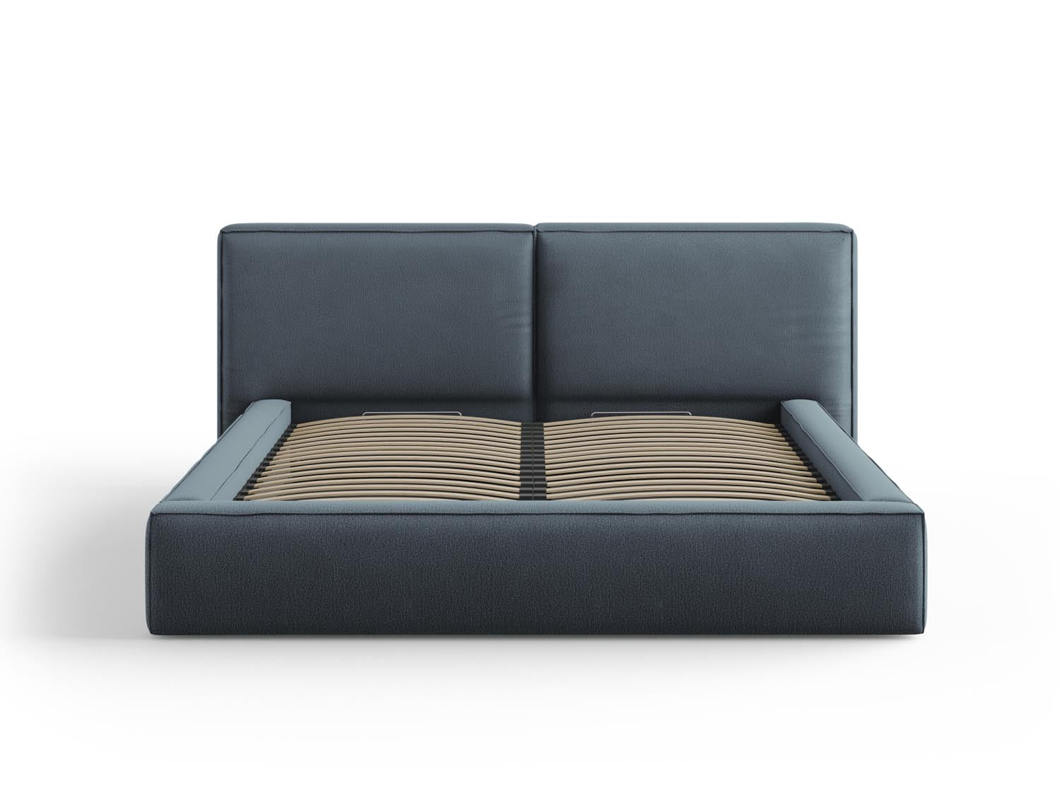 Elegantes Arendal Velour Bett in Blau mit praktischem Stauraum und doppeltem Kopfteil, ideal für stilvolle Schlafzimmer.
