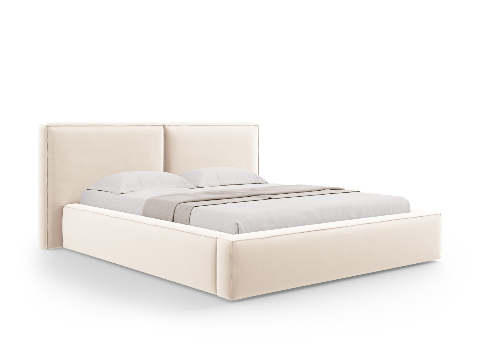 Arendal Velour Bett mit Stauraum und doppeltem Headboard 200cm in Light Beige-Casino präsentiert im Onlineshop von KAQTU Design AG. Bett ist von Cosmopolitan Design