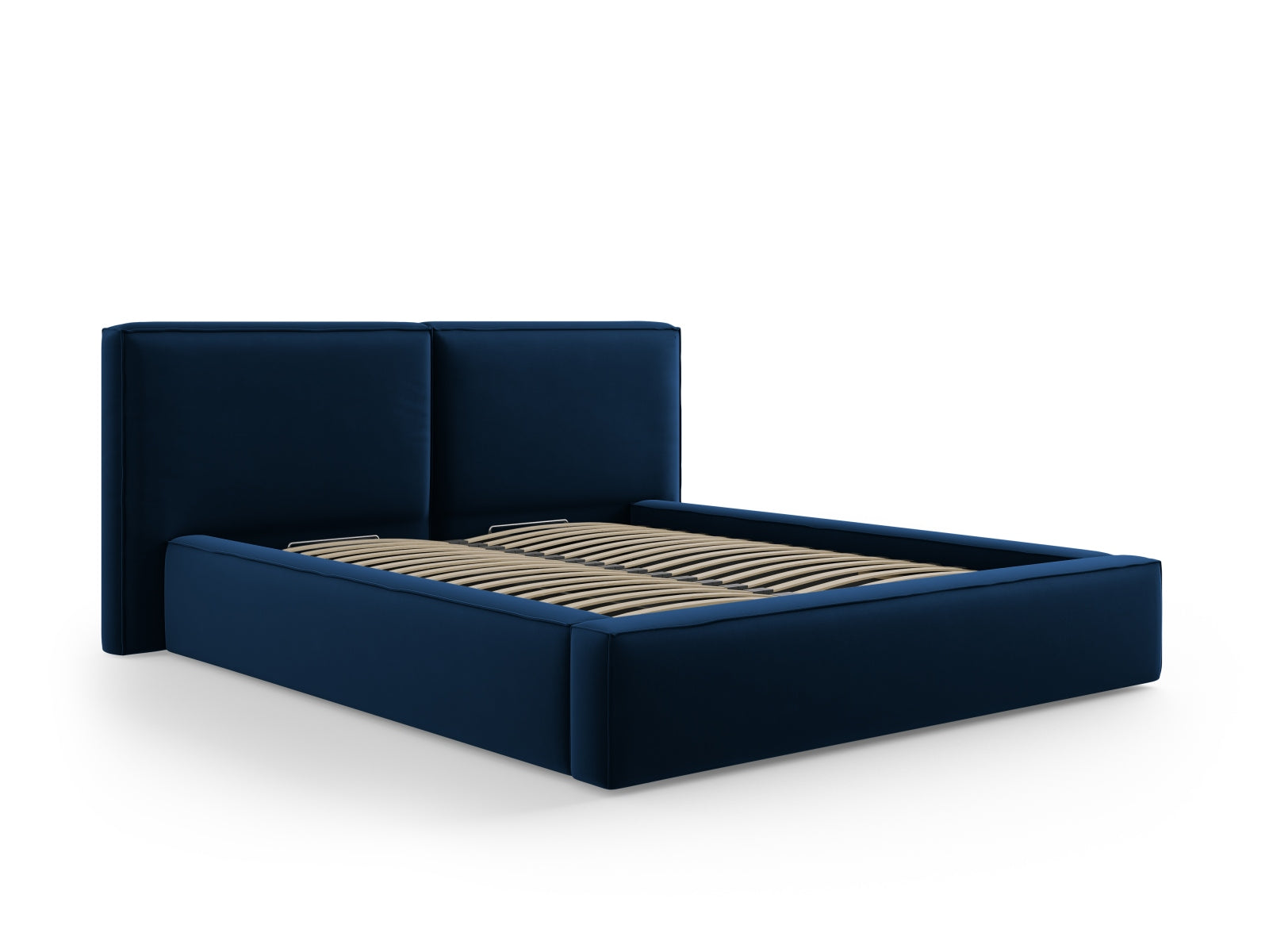 Luxuriöses Arendal Velour Bett in tiefem Blau, ausgestattet mit Stauraum und einem doppelten Kopfteil für maximalen Komfort und Stil.