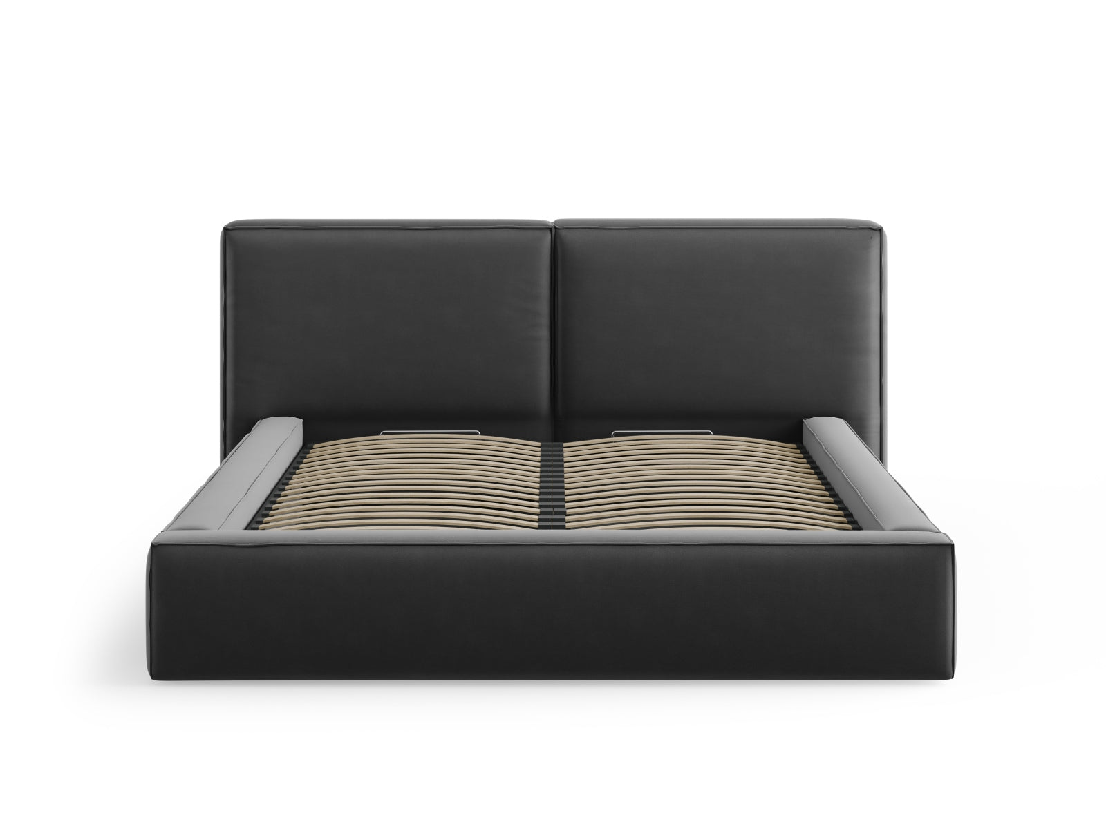 Elegantes graues Velour Bett Arendal mit großzügigem Stauraum und doppeltem Kopfteil, ideal für stilvolle Schlafzimmer.