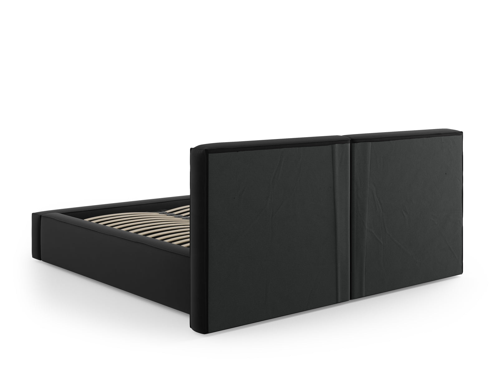 Elegantes Arendal Velour Bett in Schwarz mit doppeltem Kopfteil und praktischem Stauraum, ideal für stilvolle Schlafzimmerlösungen.