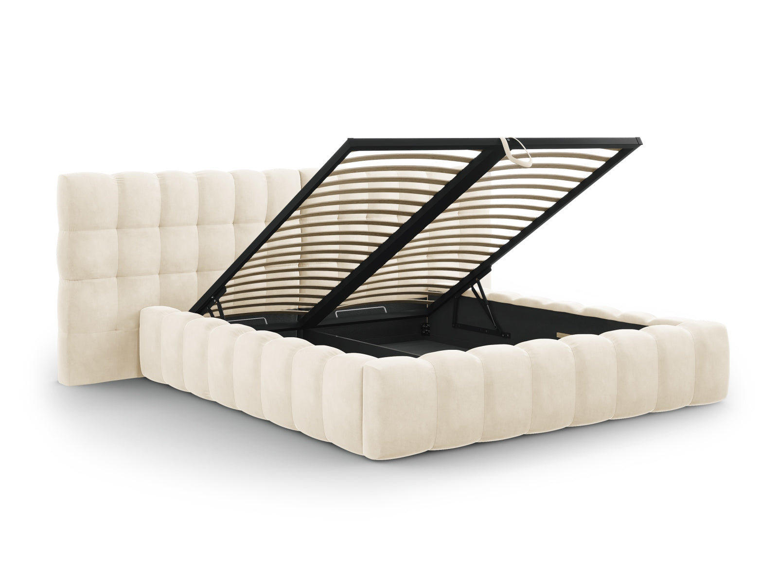Modernes Bali Bett mit doppeltem Kopfteil und integriertem Stauraum in zartem Beige, perfekt für eine stilvolle und funktionale Schlafumgebung.