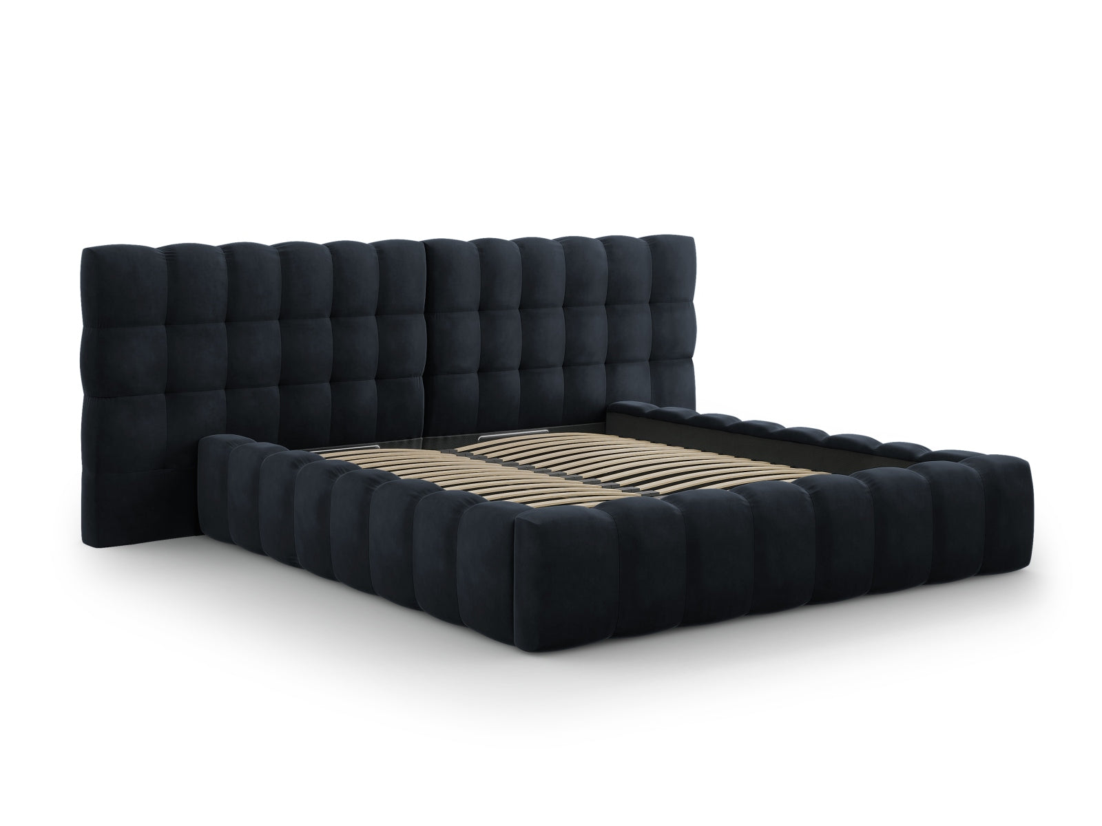 Elegantes Bali Bett mit praktischem Stauraum und doppeltem Kopfteil in Dunkelblau, ideal für stilvolle Schlafzimmergestaltung.