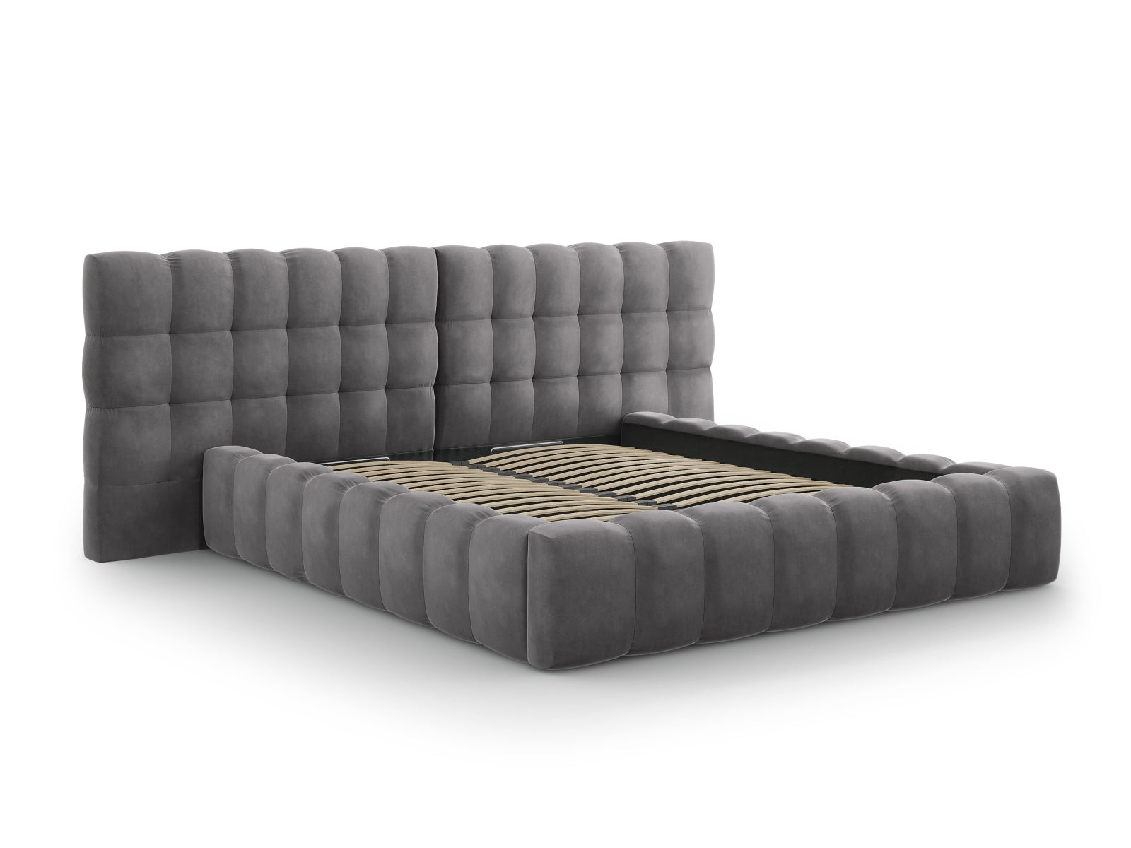Elegantes Bali Bett mit praktischem Stauraum und doppeltem Kopfteil in stilvollem Grey-Bluvel, ideal für moderne Schlafzimmer.
