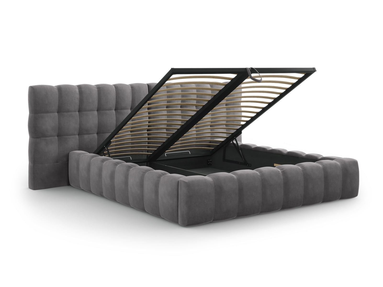 Modernes Bali Bett mit doppeltem Kopfteil und integriertem Stauraum in stilvollem Grey-Bluvel, perfekt für ein elegantes Schlafzimmer.