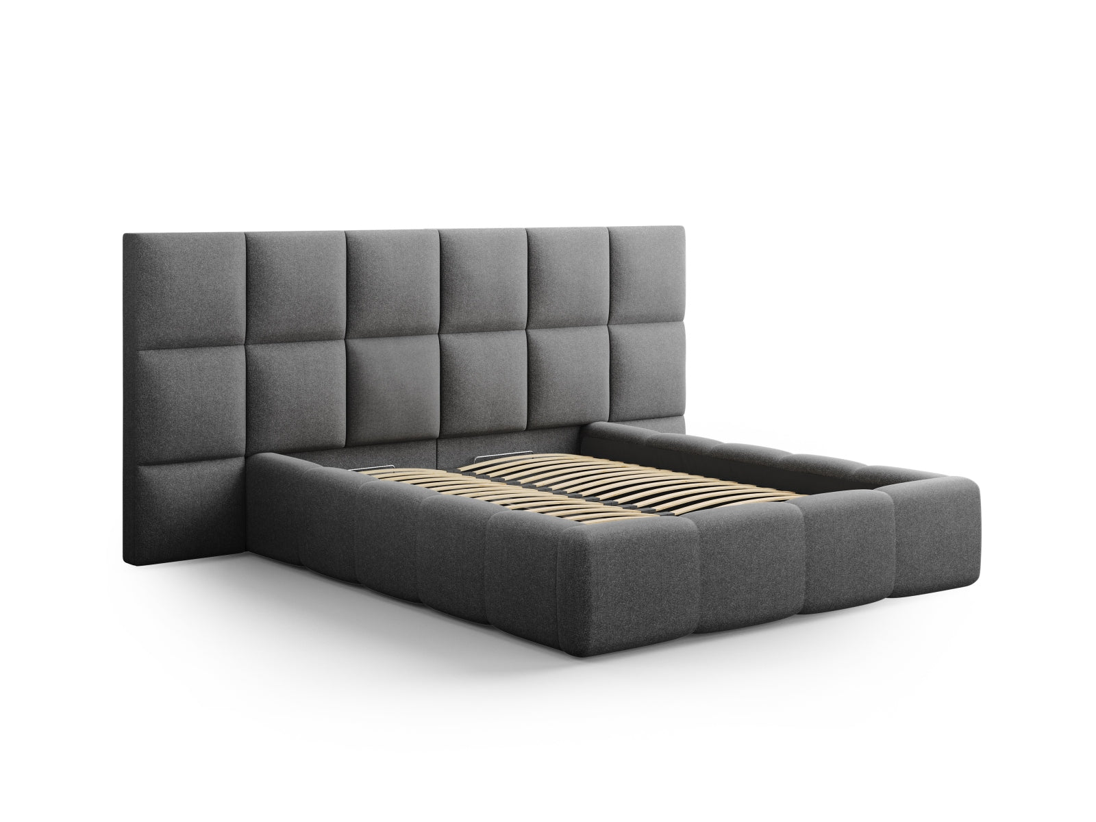 Elegantes Livigno Bett mit praktischem Stauraum und doppeltem Kopfteil in Dunkelgrau, ideal für stilvolle Schlafzimmer.