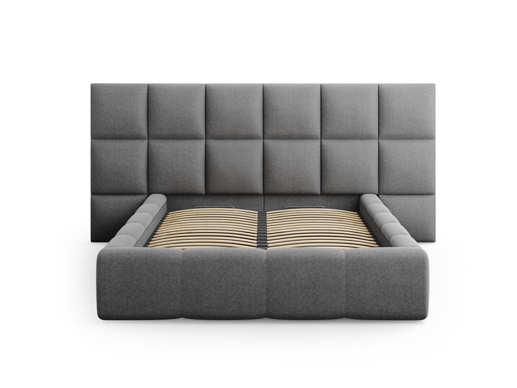 Modernes Livigno Bett in Dunkelgrau mit doppeltem Kopfteil und integriertem Stauraum, perfekt für funktionale und stilvolle Schlafräume.