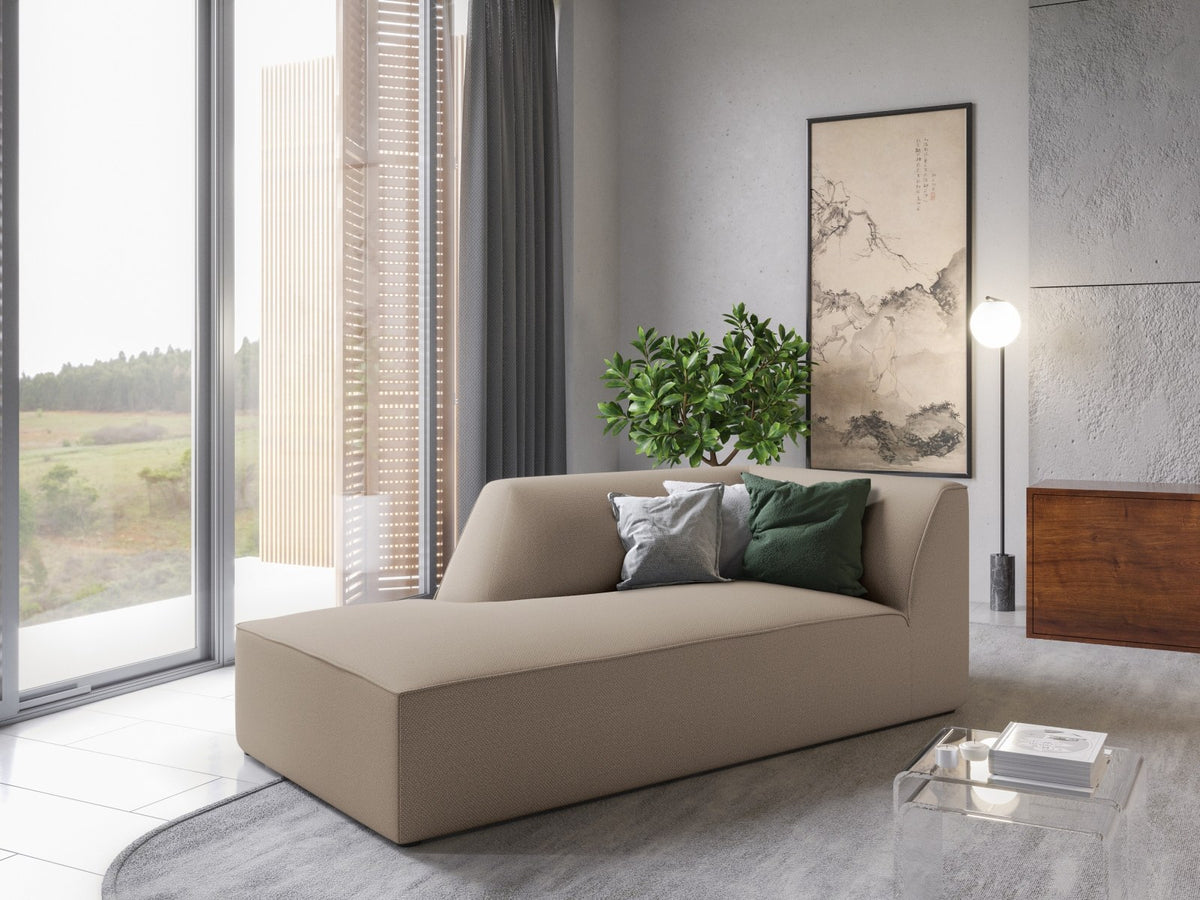 Chaiselongue Siena links, 1-Sitzer 181cm, Cordstoff Scala in Light Beige, Massivholzrahmen, schwarze Kunststoffbeine, niedrige Rückenlehne.