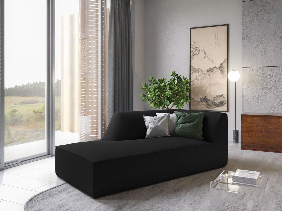 Chaiselongue Siena links, 1-Sitzer 181cm, Cordstoff Scala in Light Beige, Massivholzrahmen, schwarze Kunststoffbeine, niedrige Rückenlehne.