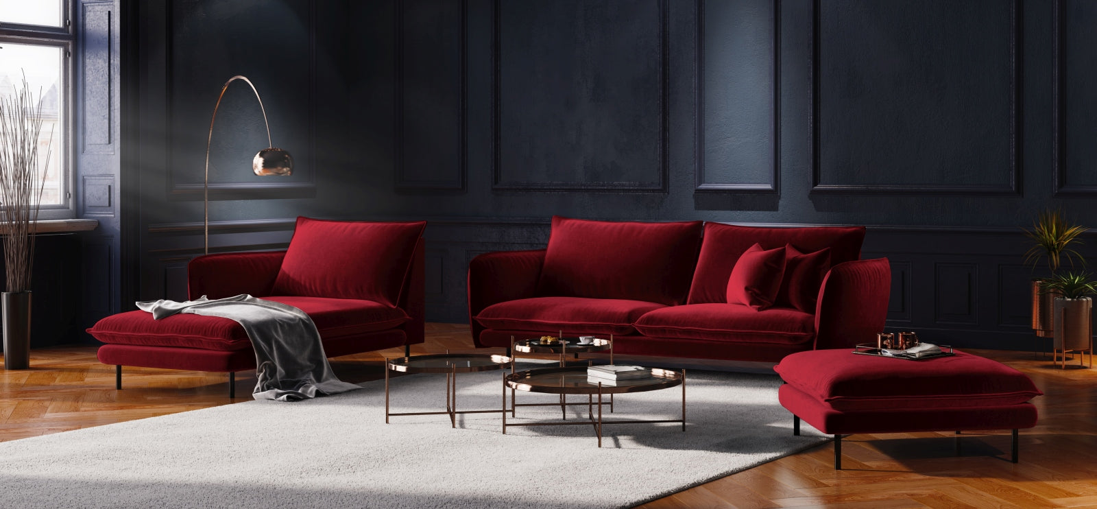 Entdecken Sie das elegante Vienna Velour Sofa Chaise Lounge links von Cosmopolitan Design. Mit 110 cm Sitzfläche vereint es Stil und Komfort für Ihr Zuhause.