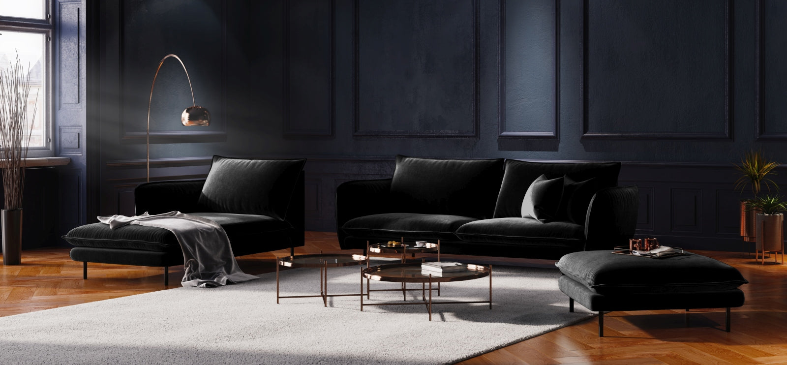 Elegantes Vienna Velour Sofa Chaise Lounge links 110cm von Cosmopolitan Design. Hochwertiger Veloursstoff, ideal für stilvolle Entspannung.