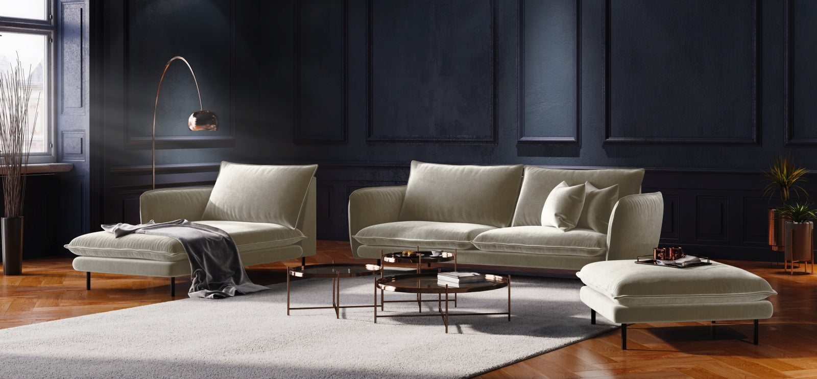 Elegantes Vienna Velour Sofa Chaise Lounge links 110cm von Cosmopolitan Design. Hochwertiger Veloursstoff, ideal für stilvolle Wohnräume.