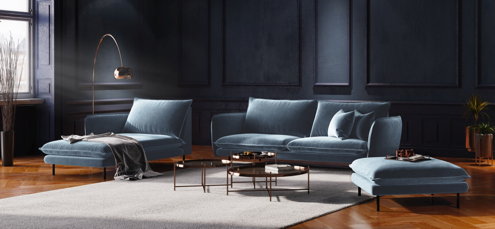 Entdecken Sie das elegante Vienna Velour Sofa Chaise Lounge links von Cosmopolitan Design. Mit 110 cm Sitzfläche vereint es Stil und Komfort für Ihr Zuhause.