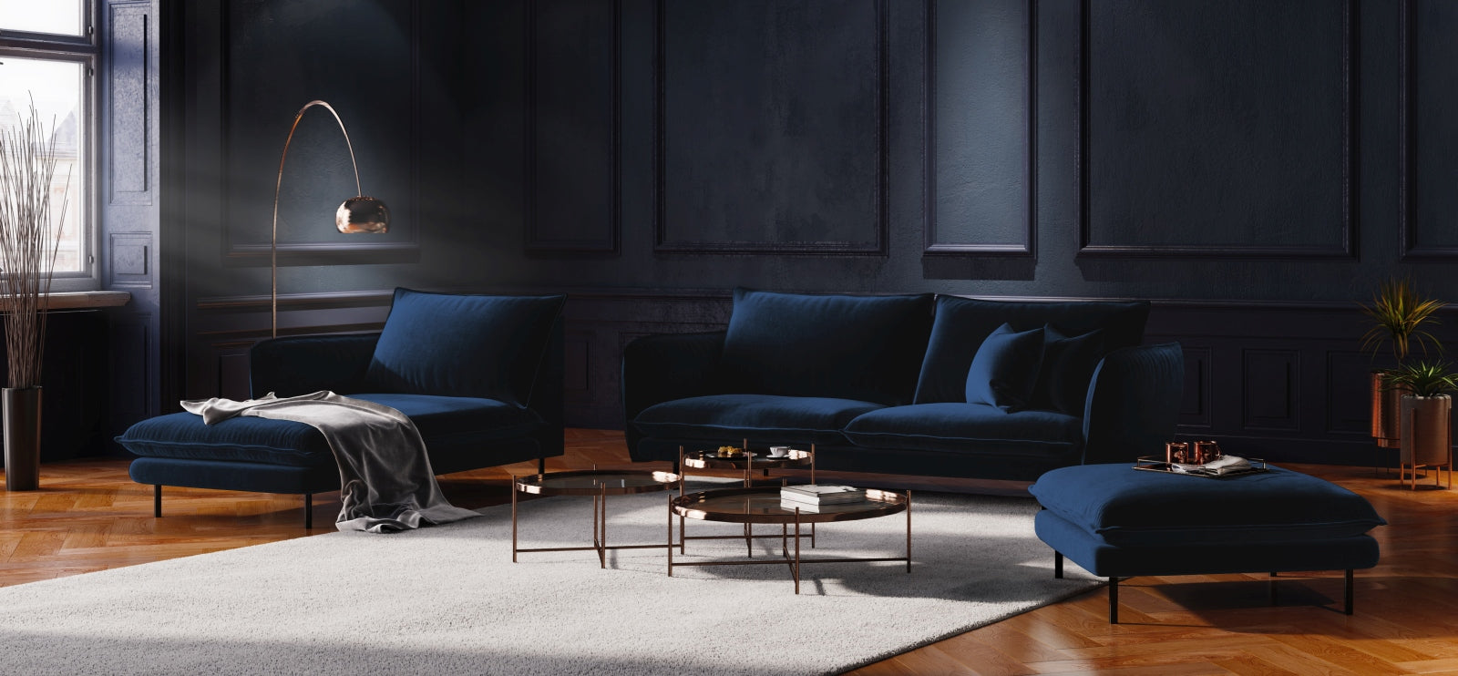 Entdecken Sie das elegante Vienna Velour Sofa Chaise Lounge links von Cosmopolitan Design. Mit 110 cm Sitzfläche vereint es Stil und Komfort für Ihr Zuhause.