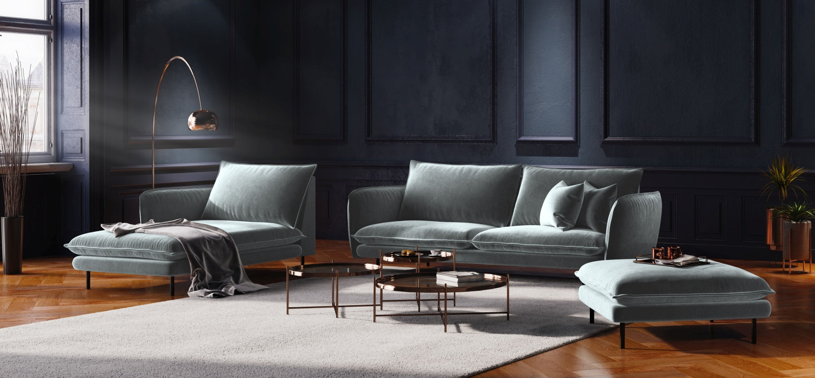 Entdecken Sie das elegante Vienna Velour Sofa Chaise Lounge links von Cosmopolitan Design. Mit 110 cm Sitzfläche vereint es Stil und Komfort für Ihr Zuhause.