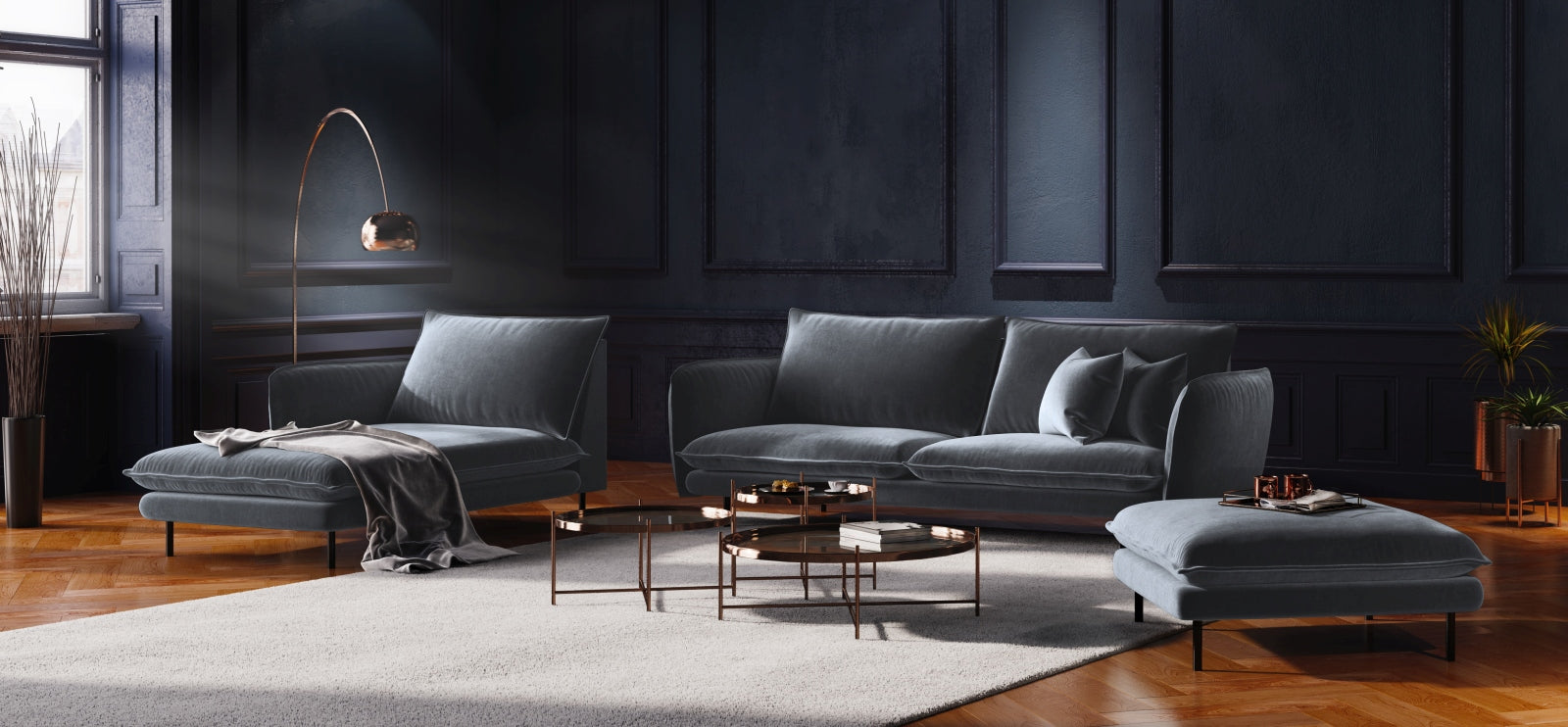 Entdecken Sie das elegante Vienna Velour Sofa Chaise Lounge links von Cosmopolitan Design. Mit 110 cm Sitzfläche vereint es Stil und Komfort für Ihr Zuhause.