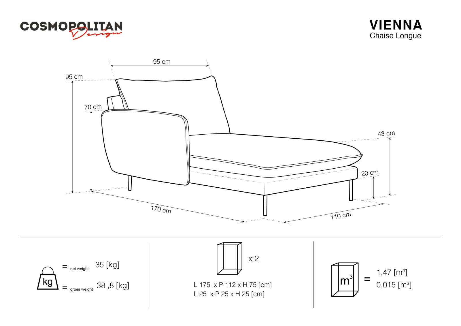 Elegantes Vienna Velour Sofa Chaise Lounge links 110cm von Cosmopolitan Design. Hochwertiger Veloursstoff und langlebige Konstruktion für höchsten Komfort.