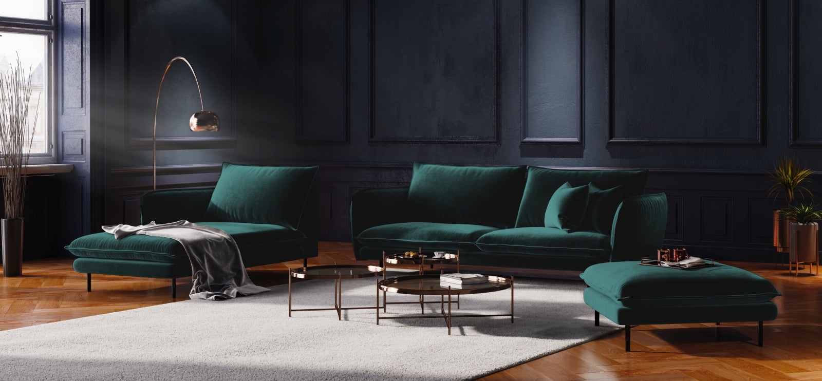 Elegantes Vienna Velour Sofa Chaise Lounge links 110cm von Cosmopolitan Design. Hochwertiger Veloursstoff, ideal für stilvolle Wohnräume.