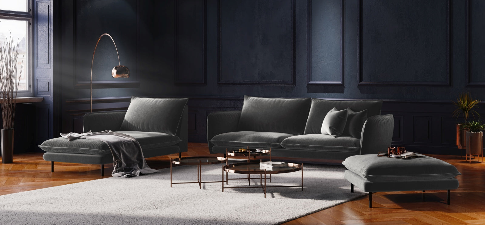 Elegantes Vienna Velour Sofa Chaise Lounge links 110cm von Cosmopolitan Design. Hochwertiger Veloursstoff, ideal für stilvolle Wohnräume.