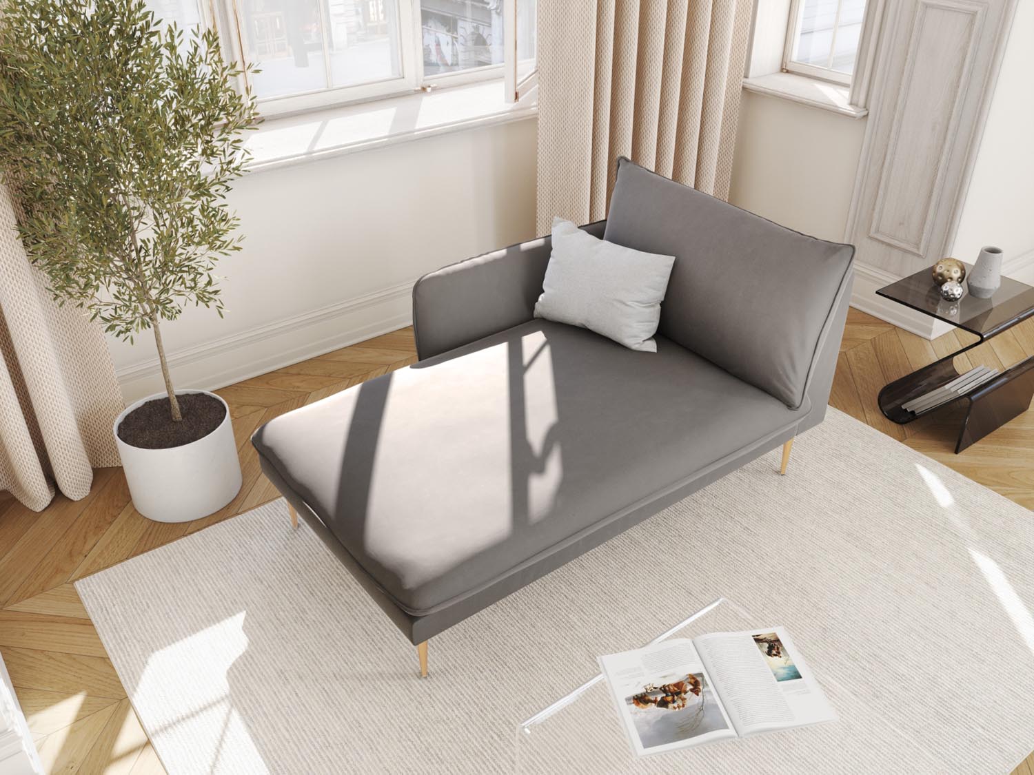 Elegantes Vienna Velour Sofa Chaise Lounge links 110cm in Light Grey/Gold von Cosmopolitan Design. Ideal für stilvolle Entspannung und vielseitige Nutzung.