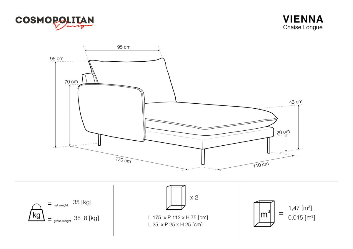 Vienna Velour Sofa Chaise Lounge links 1 Sitz 110cm in Light Beige/Schwarz-Bluvel präsentiert im Onlineshop von KAQTU Design AG. L-Sofa links ist von Cosmopolitan Design