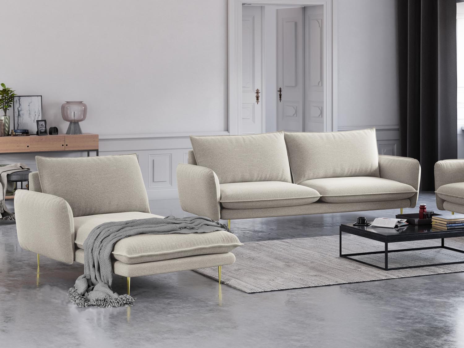 Vienna Sofa Chaise Lounge links 1 Sitz 110cm in Light Beige/Gold präsentiert im Onlineshop von KAQTU Design AG. L-Sofa links ist von Cosmopolitan Design