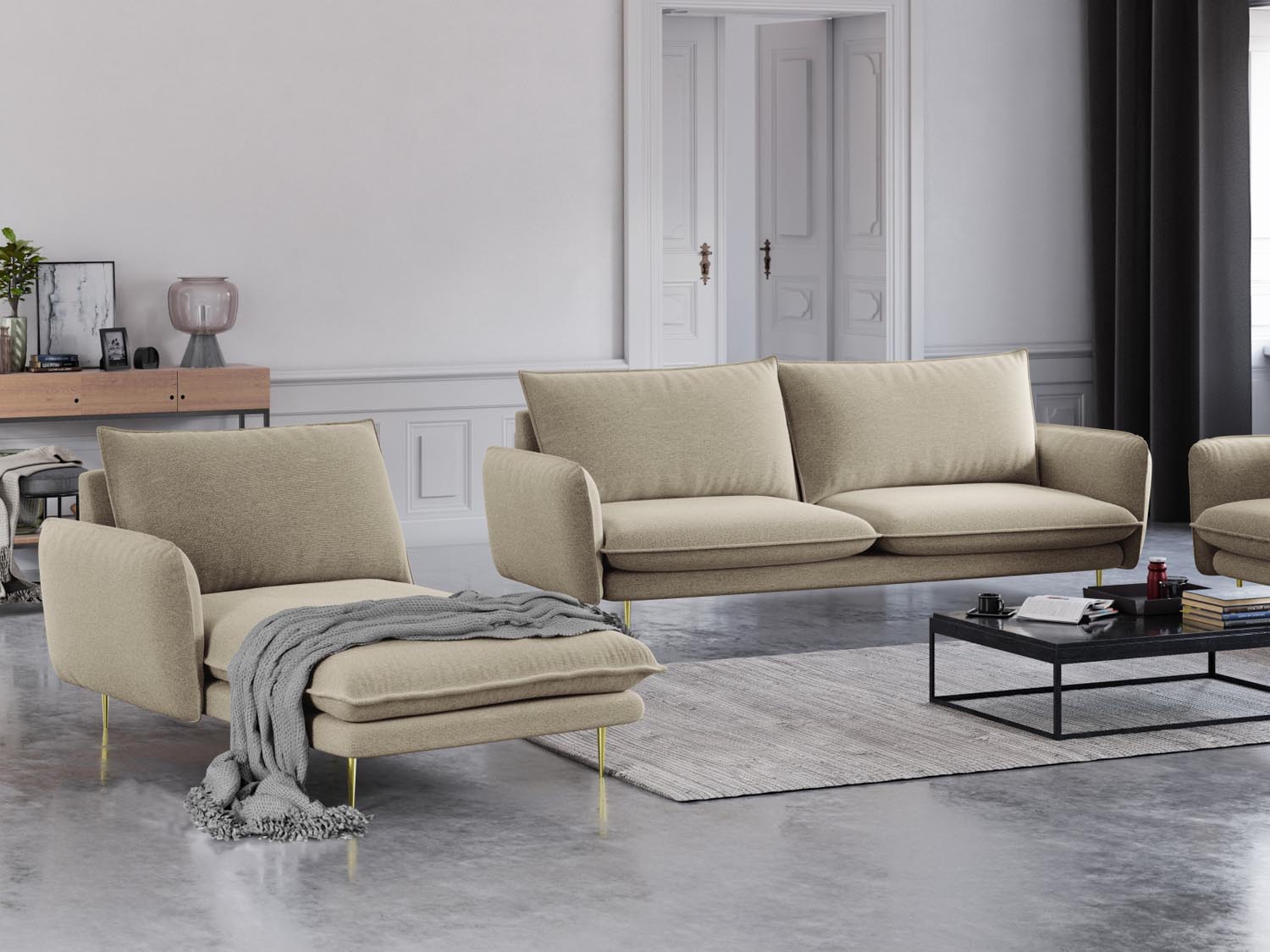 Elegantes Vienna Sofa Chaise Lounge links mit 1 Sitz, 110 cm, in stilvollem Beige/Gold-Positano, ideal für moderne Wohnräume.