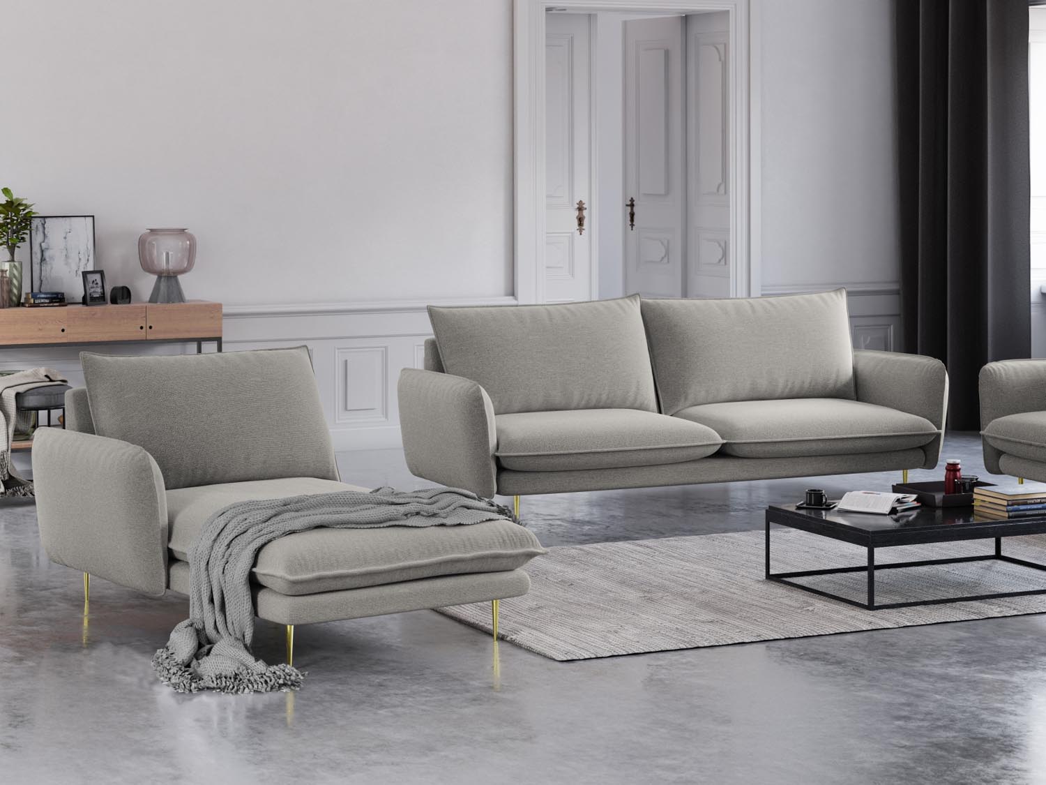 Elegantes Vienna Sofa Chaise Lounge links mit 1 Sitz in sanftem Hellgrau und goldenen Akzenten, ideal für stilvolle Wohnräume.
