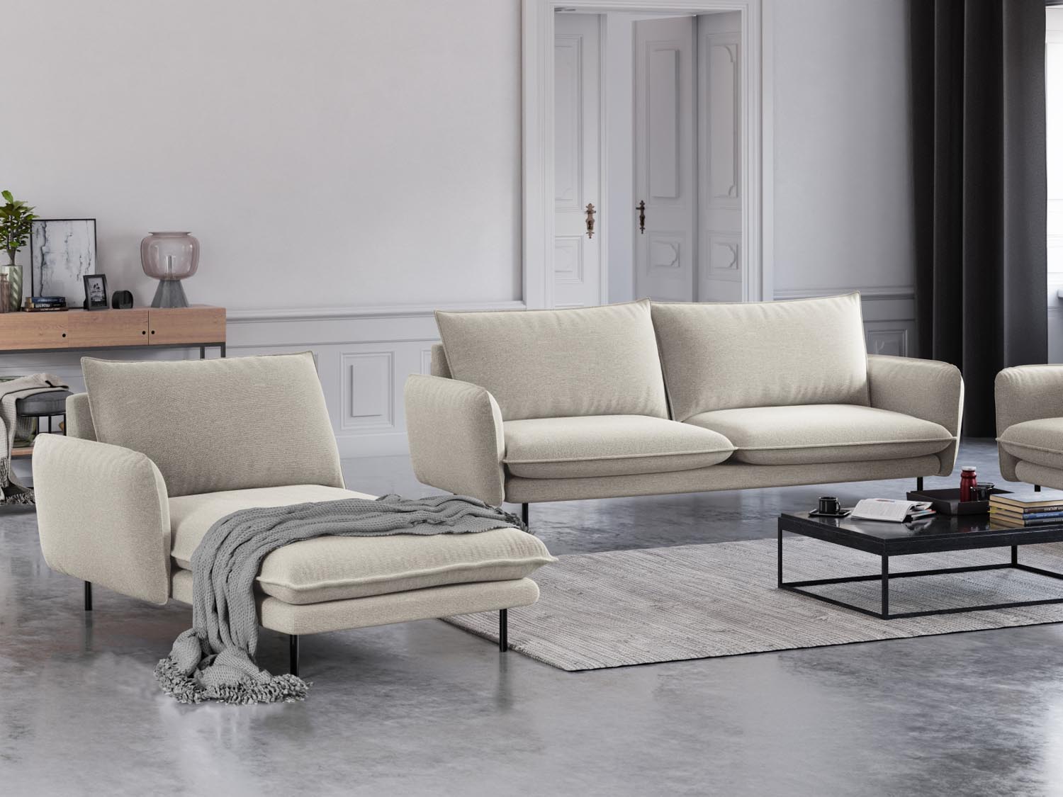 Elegantes Vienna Sofa Chaise Lounge links mit 1 Sitz in Light Beige und Schwarz-Positano, ideal für stilvolle Wohnräume.