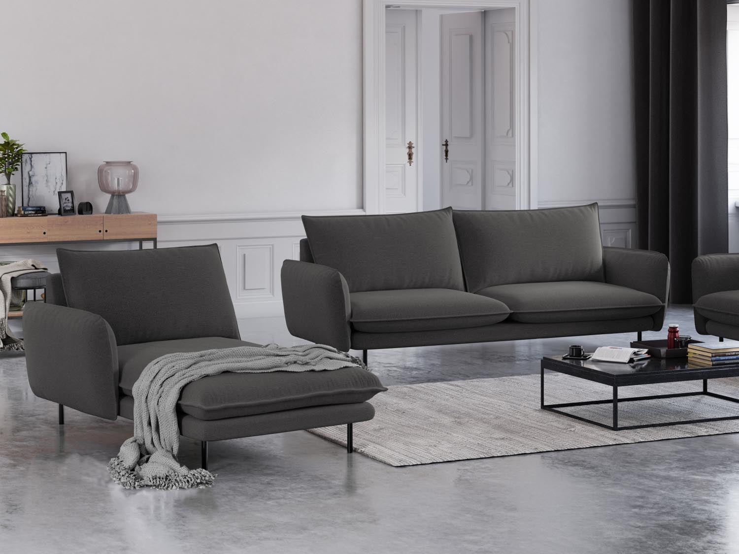Elegantes Vienna Sofa Chaise Lounge links mit 1 Sitz, 110 cm, in Dunkelgrau/Schwarz-Positano, ideal für stilvolle Wohnräume.